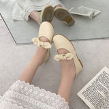 Nude Pumps Block Heel Mary Jane Bowknot Sweet Leather Shoes