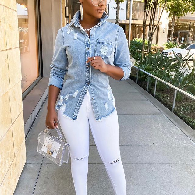 Women Denim Jacket Ripped Slim Fit Denim Shirt Coat Women