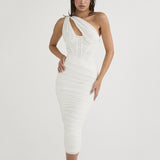 Emily Ratajkowski Dress Mesh Shoulder Hollow Steel Ring Pleated Backless Dress