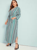 Women Plus Size Maxi Dresses Long Sleeve Striped Dress