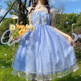 Gothic Lolita Harajuku Style Clothing Translucent Peter Pan Collar Short Sleeve Inner Plaid Lolita Dress