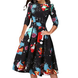 Work Dresses for Teachers Christmas Slimming Printed round Neck 3/4 Sleeves Large Swing Dress