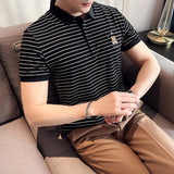 Men Polo Shirts Striped Embroidered Half Sleeve Lapel T-shirt