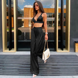 Women Top & Pant 2 Piece Set Autumn and Winter Lace-up Backless Underwaist Wide-Leg Pants Casual Suit