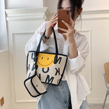 The Teacher Tote Canvas Bag Women's Bag Summer Smiling Face Bag Cartoon Lunch Box One-Shoulder Bucket Work Large Capacity Tote