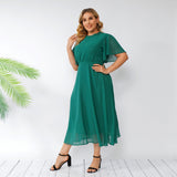 Women Plus Size Maxi Dresses Summer Green Bell Sleeve Ruffled Backless Chiffon Dress