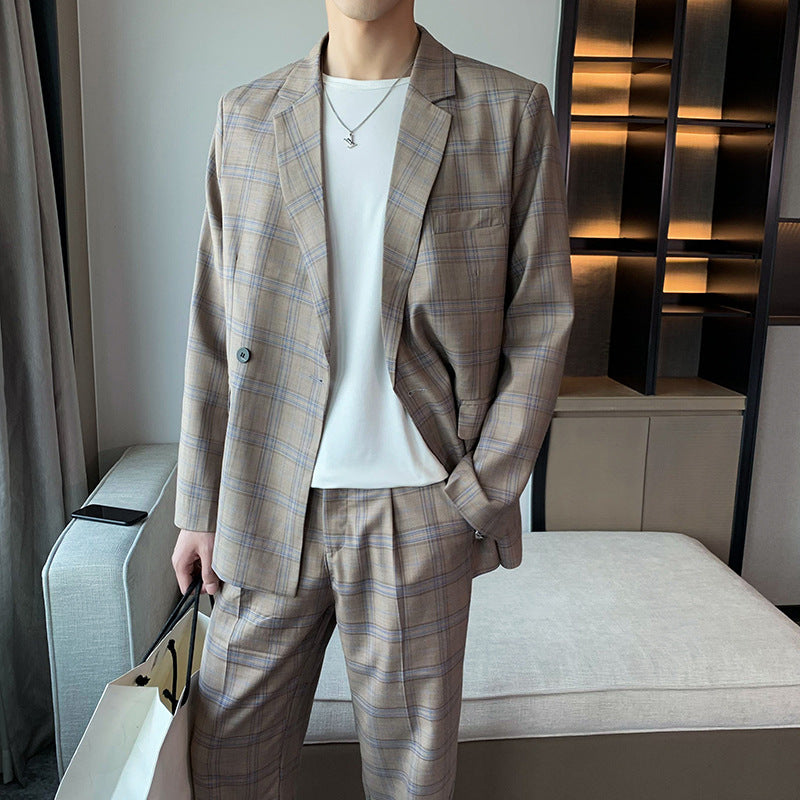 Seersucker Suit Leisure Suit Coat Top Plaid Single Breasted Two-Piece Set Men's Clothing