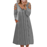 Work Dresses with Pockets Autumn Zipper V-neck Solid Color Long Sleeve Dress