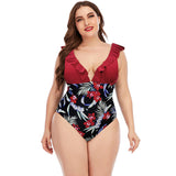 Women Plus Size Swimwear One-Pieces Multicolor Printing Ruffle Swimwear