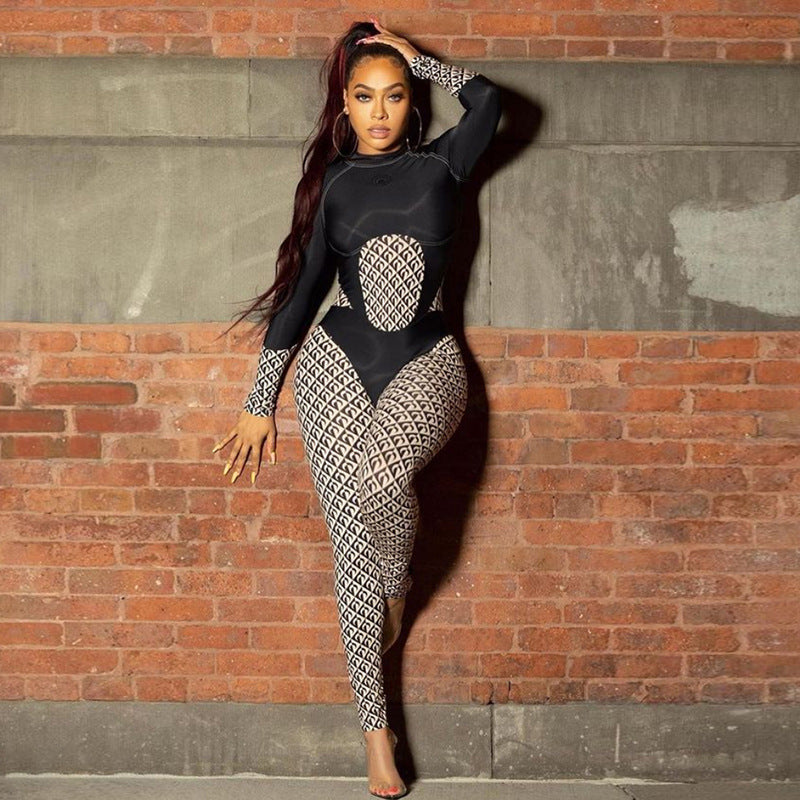 Women's Fashion Printed Color Contrast Patchwork High Waist Tight Sports Fitness Jumpsuit