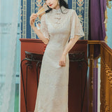 Women Cottagecore Dress Artistic Retro Pearl Flared Short Sleeve Dress