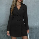 Work Dresses for Teachers Long Sleeve Suit Dress Women's Double-Breasted Waist Dress