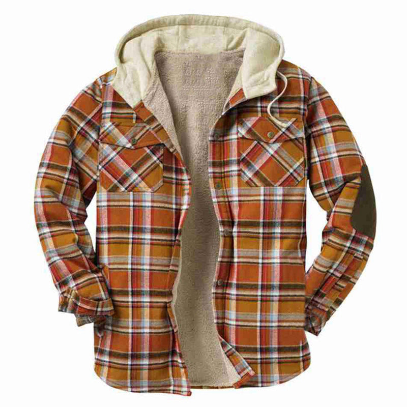 Mens Flannel Jacket with Hoodie Autumn and Winter Plaid Hooded Shirt Long Sleeve Loose Patch Pocket Padded Jacket