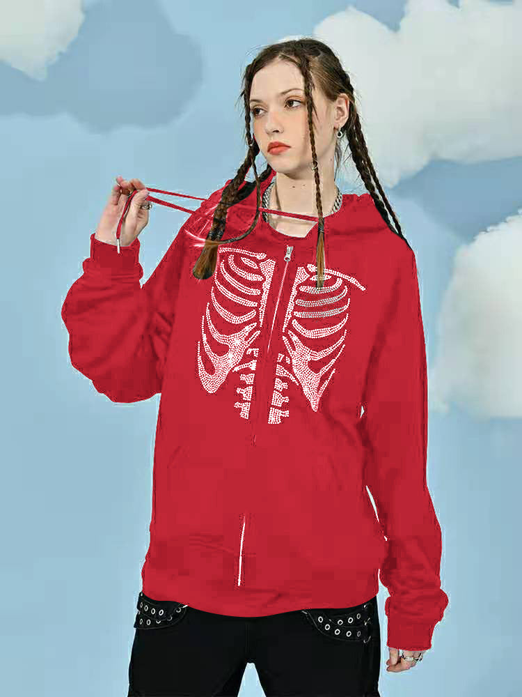 Skeleton Hoodie Love and Skeleton Rhinestone Pattern Women's Thread Sweater