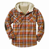 Mens Flannel Jacket with Hoodie Autumn and Winter Plaid Hooded Shirt Long Sleeve Loose Patch Pocket Padded Jacket