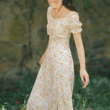 Women Cottagecore Dress French Style Retro Square Collar Dress Summer