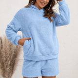 Women Sherpa Jacket Hooded Sweater Set Casual Homewear Double-Sided Plush Two-Piece Set