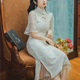 Women Cottagecore Dress Artistic Retro Pearl Flared Short Sleeve Dress