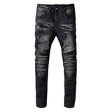 J Shaped Jeans Men's Oversized Jeans Ripped Motorcycle Zipper Pleated