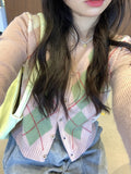 Preppy Aesthetic Outfits Rhombus Round Neck Single-Breasted Sweater
