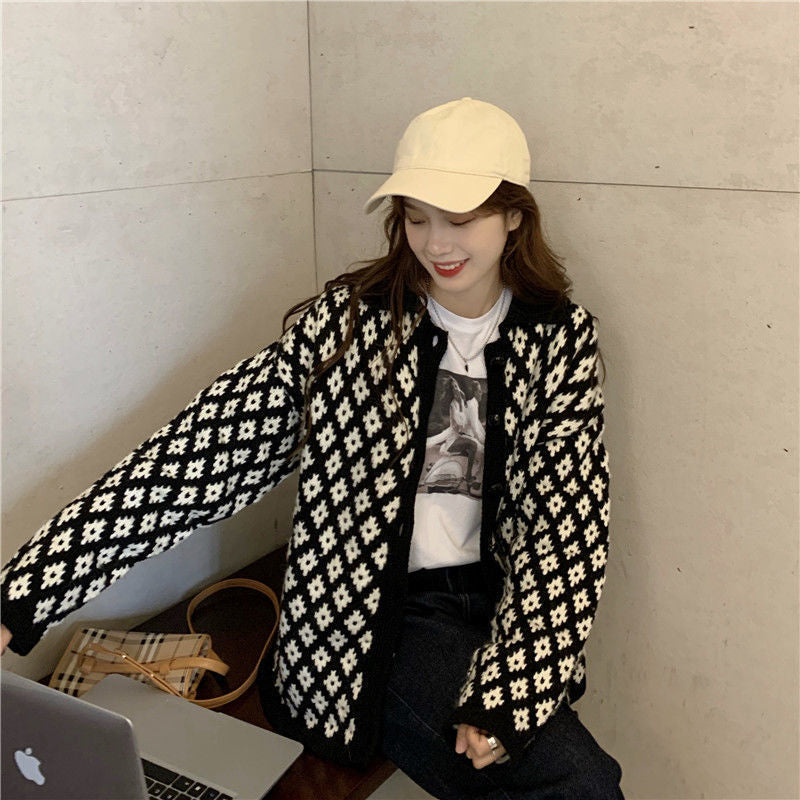 Preppy Aesthetic Outfits Knitwear Cardigan Sweater Coat Women's Autumn Diamond Quilted Top