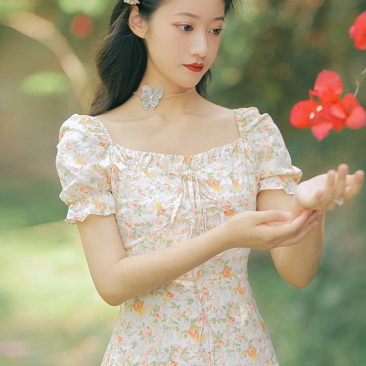 Women Cottagecore Dress French Style Retro Square Collar Dress Summer