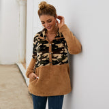 Women Sherpa Jacket Brushed Hoody Women Fall/Winter Camouflage Stitching Short Plush Top