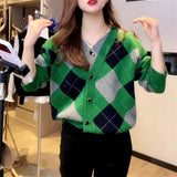 Preppy Aesthetic Outfits Rhombus Plaid Cardigan Sweater Women's Coat