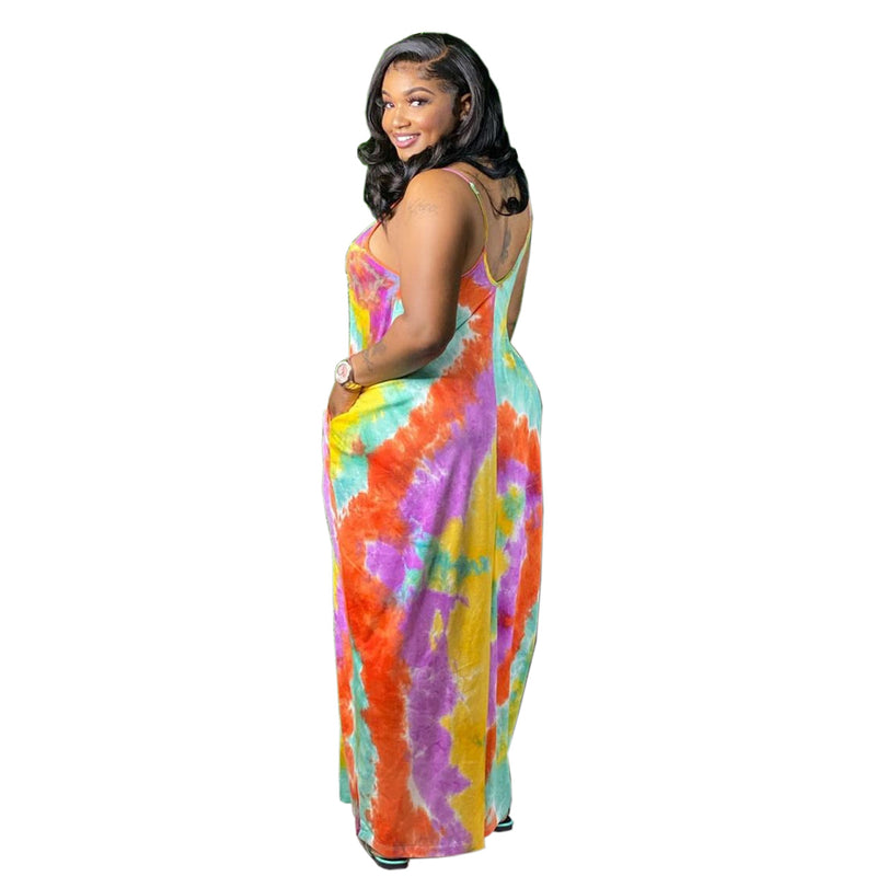 Spring and Summer Strap Tie-Dyed Printed Casual Loose Long Dress