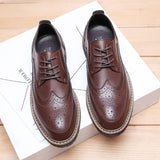 Indo Western Shoes Autumn Brogue Men's Shoes British round Head Thick Bottom Lace-up Youth Black Business Formal Casual Leather Shoes