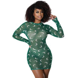Kesha Black Dress Fashion Sexy Mesh Floral Print Long Sleeve Dress for Women
