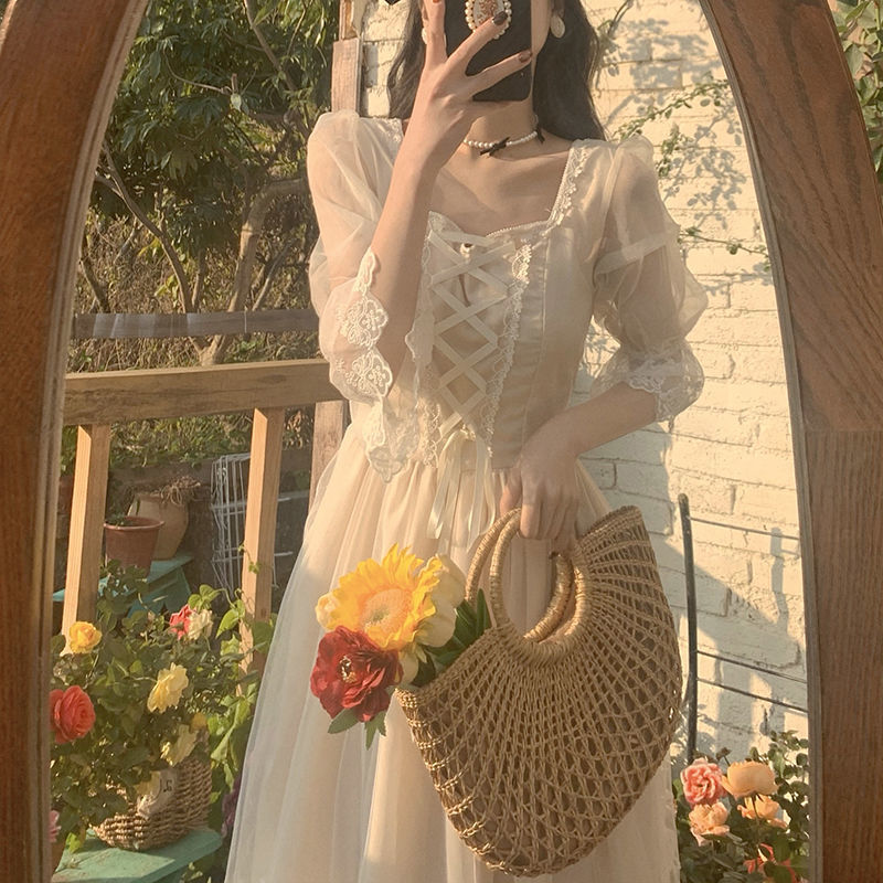 Fairy Dress French Style Platycodon Grandiflorum First Love Skirt Spring Summer Palace Style Embroidery Fairy Dress