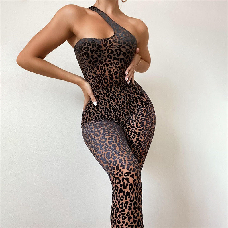 Summer Women's Sexy Mesh Flocking Leopard Print One-Shoulder High Waist Tight Sports Jumpsuit