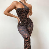 Summer Women's Sexy Mesh Flocking Leopard Print One-Shoulder High Waist Tight Sports Jumpsuit