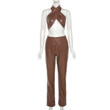 Women Top & Pant 2 Piece Set Autumn Sexy Backless Underwaist Slim-Fit Straight Trousers Suit