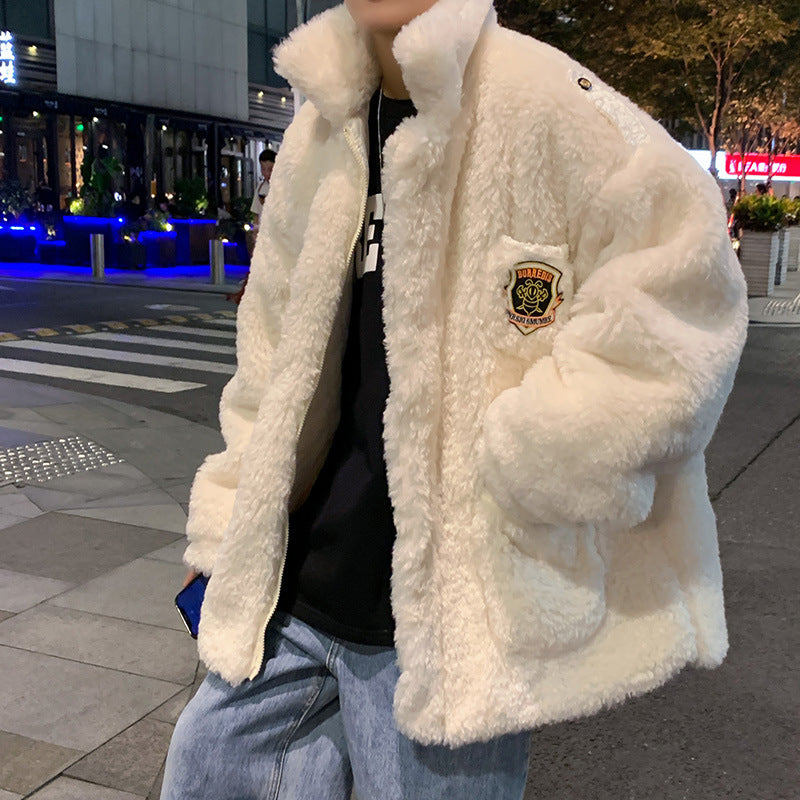Men's Autumn Winter Coat Stand Collar Plush Cotton Coat with Solid Color