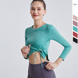 Moisture Wicking Shirts Fall/Winter Yoga Wear Female Bow Drawstring Tight Long Sleeve Quick-Drying Sports Fitness Top