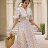 Women Cottagecore Dress Summer Vintage Skirt Dress Puff Sleeve Mid-Length Skirt