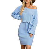 Sweater Dress Outfit With Tights 2 Pieces Set Autumn and Winter Knitted Solid Color Slim Women's Long Sleeve off-Shoulder Dress
