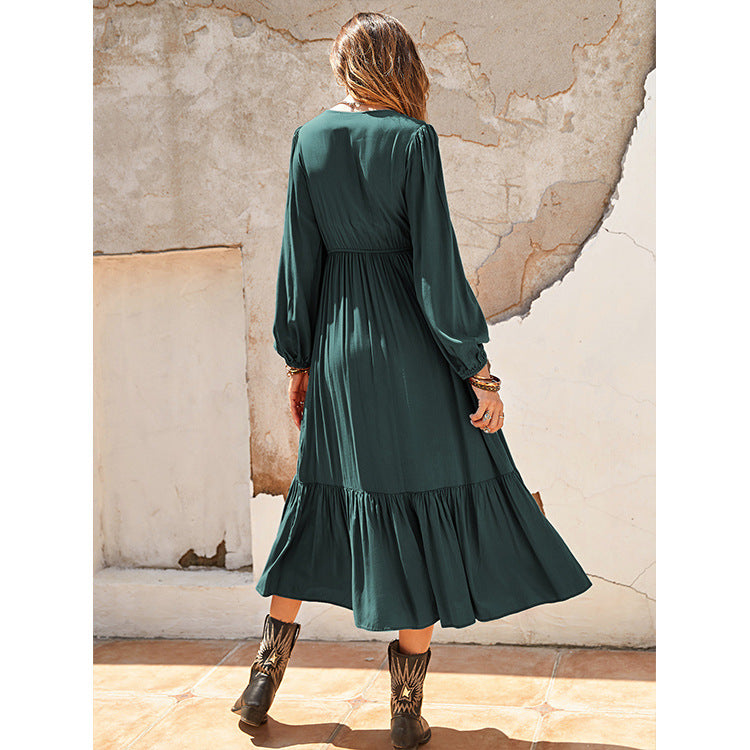 Beth Dutton Bohemian Dress Winter Autumn Midi Dresses Solid Color Stripes Lantern Sleeve Holiday Dress