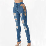 Women Distressed Denim Jeans Ripped Jean Side Strap Midriff Outfit Stretch Jeans Skinny Pants Women