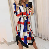 Work Dresses for Girls Women's Autumn Printed Plaid Lapel Lace-up Dress