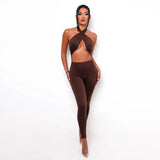 Summer women's sexy backless halter solid color high waist tight casual sports jumpsuit
