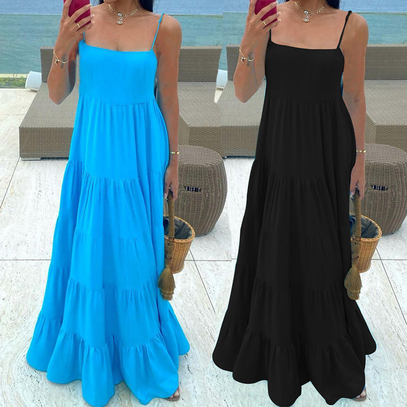 Women Bohemian Dress Loose Solid Color Suspender Dress