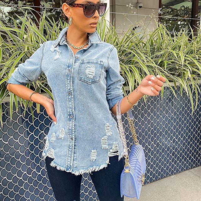 Women Denim Jacket Ripped Slim Fit Denim Shirt Coat Women