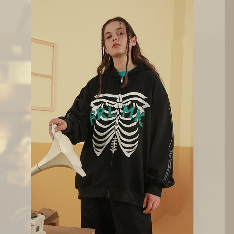 Skeleton Hoodie Skeleton Printed Zipper Jacket Cardigan Hoodie