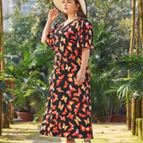 Women Plus Size Maxi Dressesv Collar Printed Butterfly Short Sleeve Dress