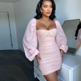 Women Summer Dresses Mini Dress Spring Sexy Backless Lantern Sleeve Pleated Skirt Dress