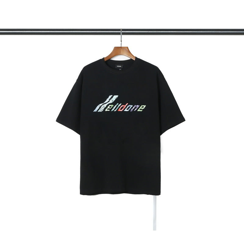 We11done T Shirt Color Printing Flower Loose-Fitting Casual round-Neck Men and Women Short Sleeve