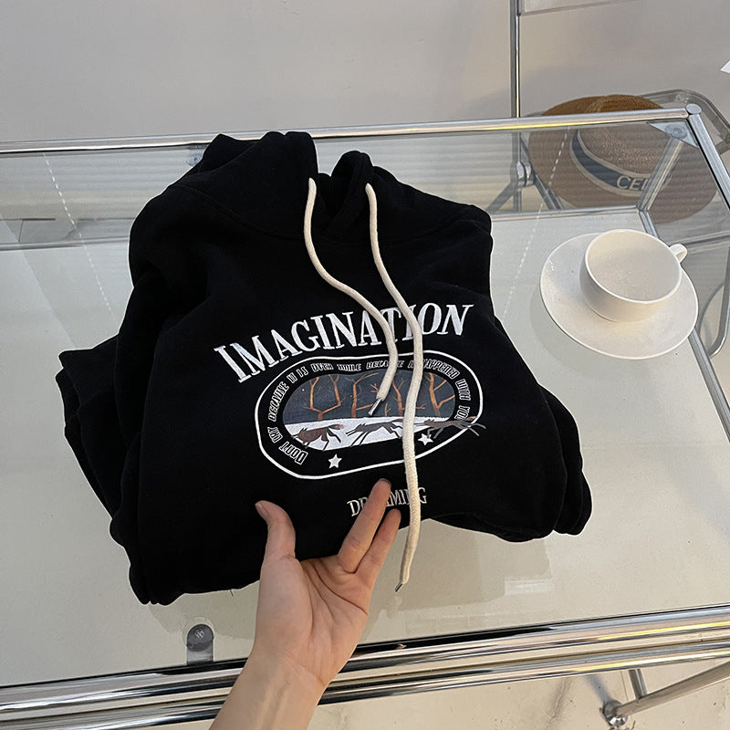 Harvard Sweatshirt Letter Embroidery Cartoon Printed Black Hooded Velvet Padded Thickened Sweater